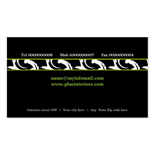 Interiors black, white, green damask business card (back side)