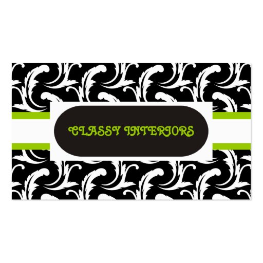 Interiors black, white, green damask business card