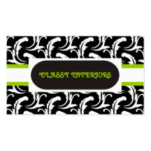 Interiors black, white, green damask business card