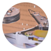 Internals of a hard disk drive round sticker