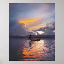 Intha fisherman leg rowing boat fishing with net print