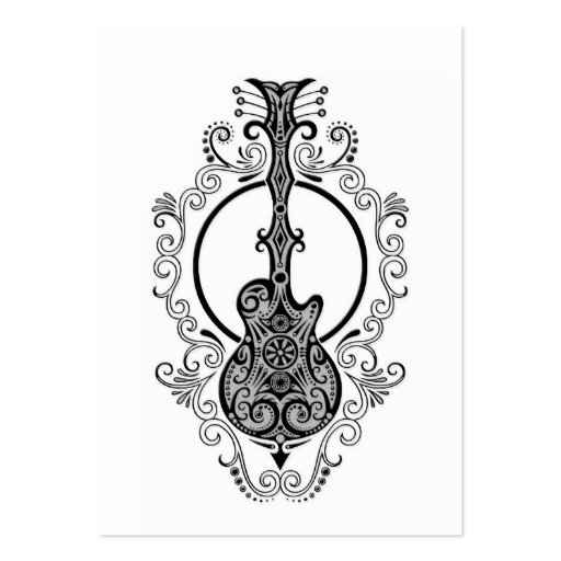 Intricate Black Guitar Design on White Business Card Templates (front side)