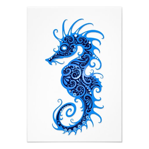Intricate Blue Seahorse Design on White Personalized Invitation