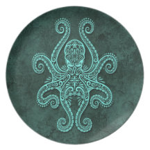 Intricate Blue Stone Octopus Party Plates