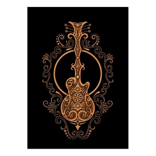 Intricate Brown Guitar Design on Black Business Cards (front side)