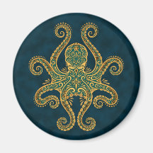 Intricate Golden Blue Octopus Fridge Magnet