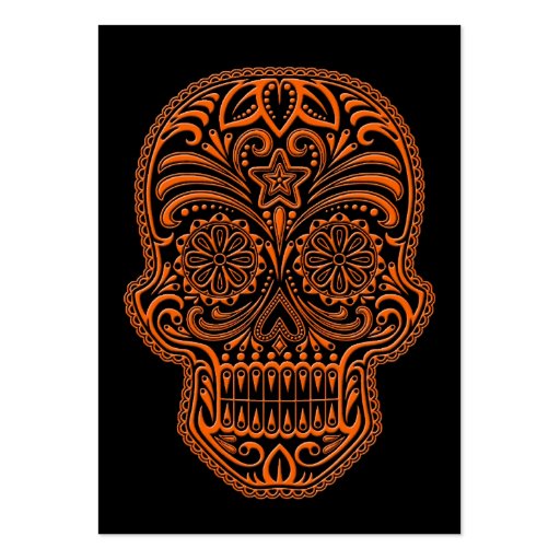 Intricate Orange Sugar Skull on Black Business Card Template