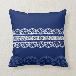 Intricate White Lace on Deep, Royal Blue Throw Pillow