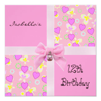 birthday 12th invitation 7th invitations hearts bow teen pink announcements zazzle