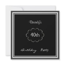 Invitation Black Silver  40th Birthday Party  silv