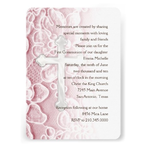 Invitation First Communion Lace and Cross Pink