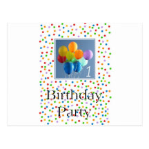 Invitation for 1st birthday colored balloons postcards