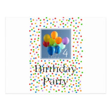 Invitation for 4th Birthday Party Colored Balloons Post Cards