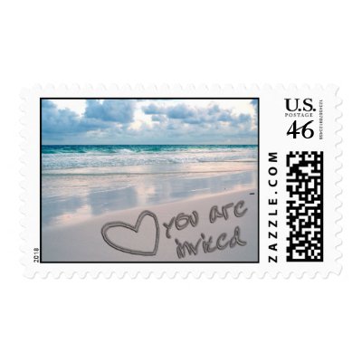 Invitation, Sunset Beach Sand Writing Postage Stamp
