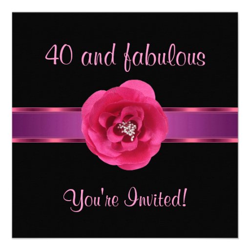 Invite Party Black Pink Flower Fabulous 40th