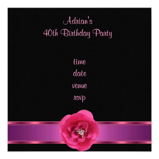 Invite Party Black Pink Flower Fabulous 40th