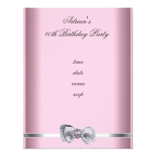 Invite Party Silver Bow Image Fabulous 40th Pink
