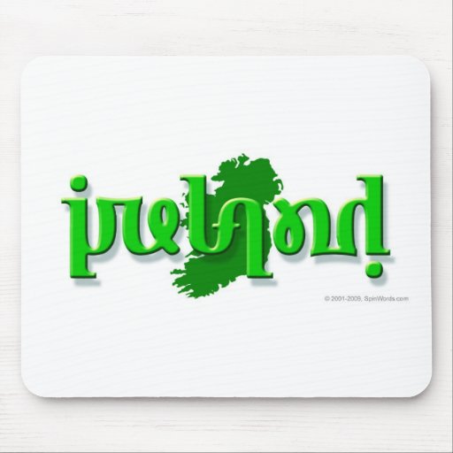 'Ireland' ambigram on a silhouette of Ireland Mouse Pads