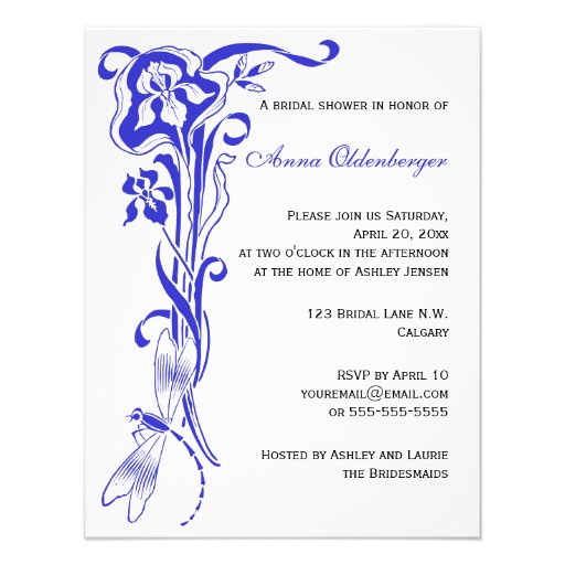 Iris & Dragonfly Royal Blue Bridal Shower Invite