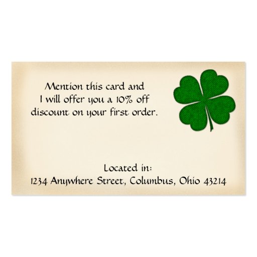 Irish Business Card :: Green Fabric Clover Design (back side)