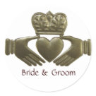 round_sticker - Irish Wedding stickers with gold claddagh symbol of friendship, loyalty and love.  Easily customize with bride and groom's name.  Perfect accent for your Irish wedding reception or bridal showers.Thousands of wedding and monogram postage stamps are available  in my gallery.   If you would like custom graduation, wedding, monogram or RSVP invitation wedding postage stamps, please visit  Perfectpostage.com       &nbsp;    &nbsp;         &nbsp;   &nbsp;     &nbsp;     