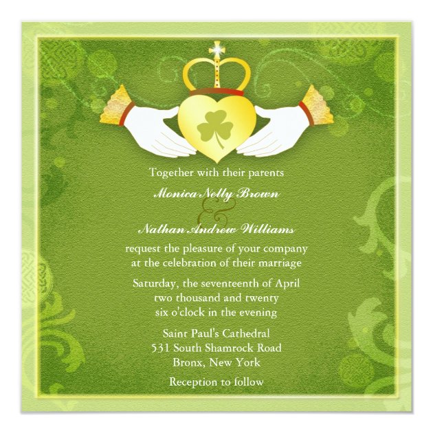 Irish Claddagh Heart Green Celtic Wedding Invitation