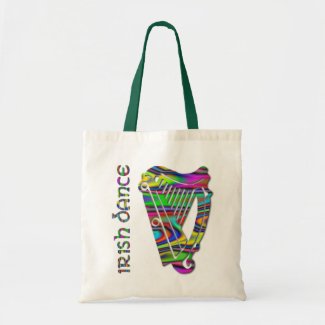 This tote bag features a large Irish harp in a rainbow of colors with the text 'Irish Dance'  beside it