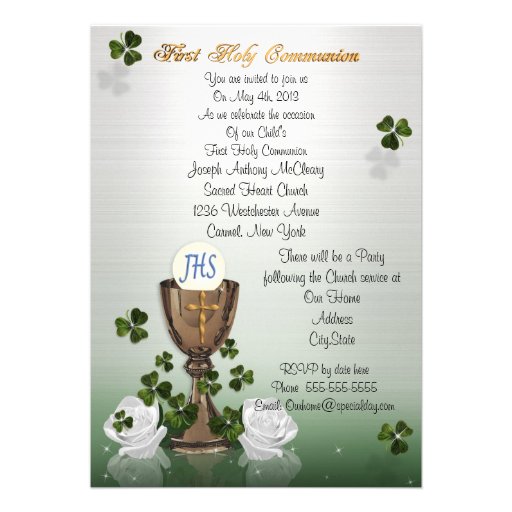 Irish First Communion invitation with shamrocks