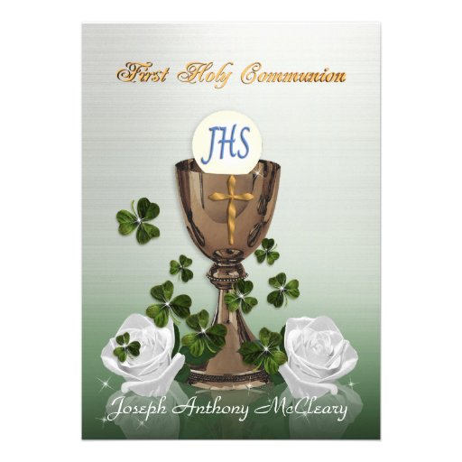 Irish First Communion invitation with shamrocks