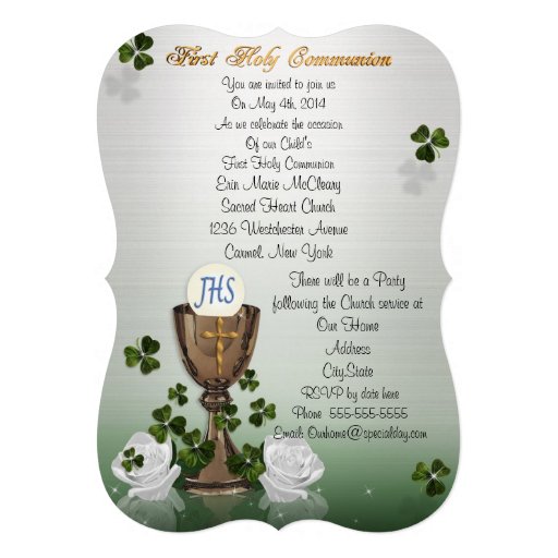 Irish First Communion invitation with shamrocks