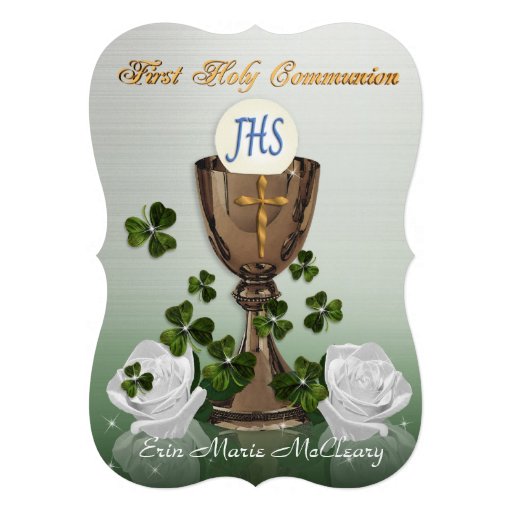 Irish First Communion invitation with shamrocks