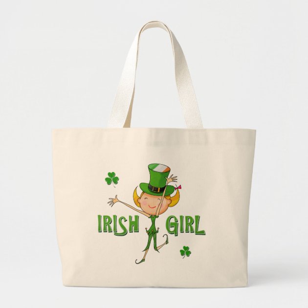 Irish Girl Leprechaun Hat Flag & Shamrock Clovers Jumbo Tote Bag