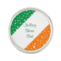 Irish Happy Christmas Flag and Snowflakes Pin at Zazzle