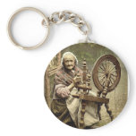Irish Spinner and Spinning Wheel. Co. Galway, Irel Keychain
