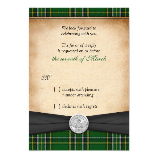 Irish Tartan Celtic Claddagh Lucky Wedding RSVP Custom Invitation