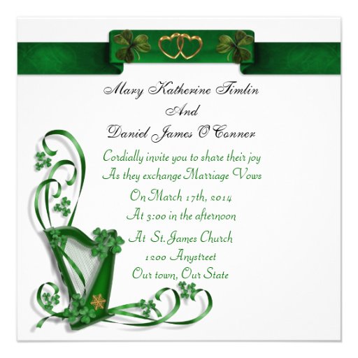 Irish Wedding invitation Harp shamrocks and ribbon