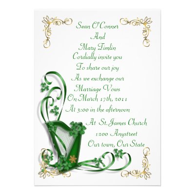 Irish Wedding invitation Harp shamrocks and ribbon