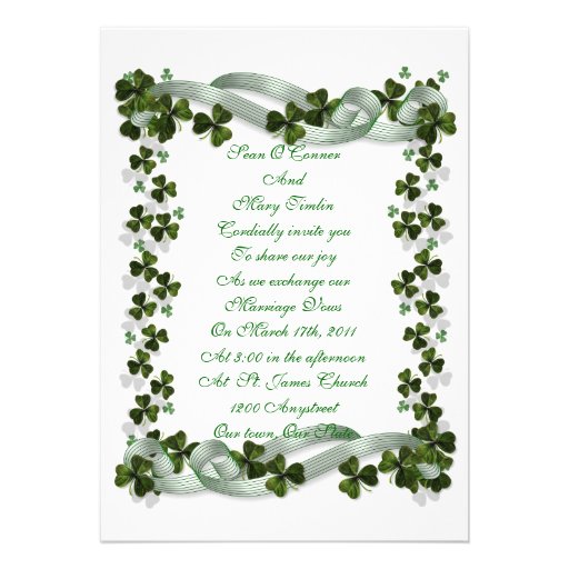 Irish Wedding invitation shamrocks and ribbon 5" X 7" Invitation Card