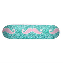 IRLY PINK MUSTACHE ON TEAL GLITTER EFFECT SKATE BOARD DECKS