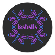 Isabella, dragonflies in blue & purple on black sticker