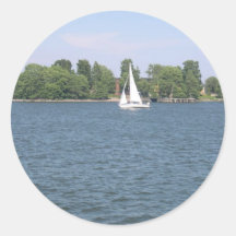 Island With Yacht At Helsinki Round Stickers