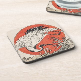 Isoda Koryusai Crane Waves and rising sun Coaster