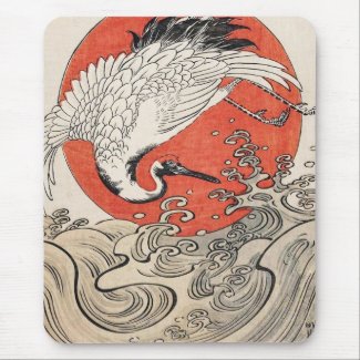 Isoda Koryusai Crane Waves and rising sun Mousepads
