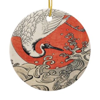 Isoda Koryusai Crane Waves and rising sun Christmas Ornament
