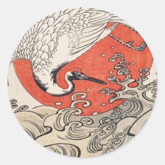 Isoda Koryusai Crane Waves and rising sun Round Sticker
