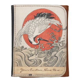 Isoda Koryusai Crane Waves and rising sun vintage Trifold Wallet