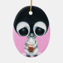 sugar, fueled, michael, banks, penguin, hot, cocoa, animal, creepy, cute, big, eyes, eyed, rainbow, happiness, happy, pink, cuddly, adorable, lowbrow, pop, surrealism, Ornament with custom graphic design