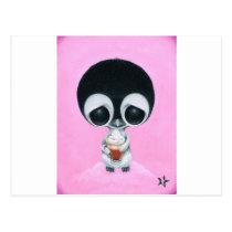 sugar, fueled, michael, banks, penguin, hot, cocoa, animal, creepy, cute, big, eyes, eyed, rainbow, happiness, happy, pink, cuddly, adorable, lowbrow, pop, surrealism, Postcard with custom graphic design