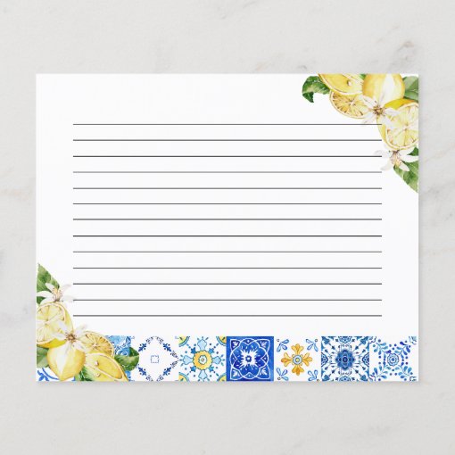 Italian Blue Tile Lemons Bridal Shower Recipe Card Zazzle