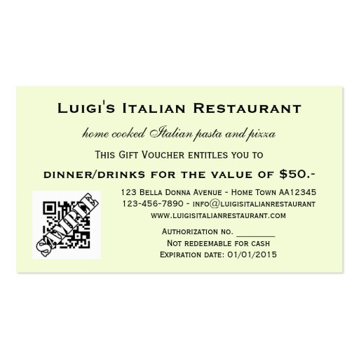 Italian Restaurant Gift Certificate Template Business Card Templates (back side)